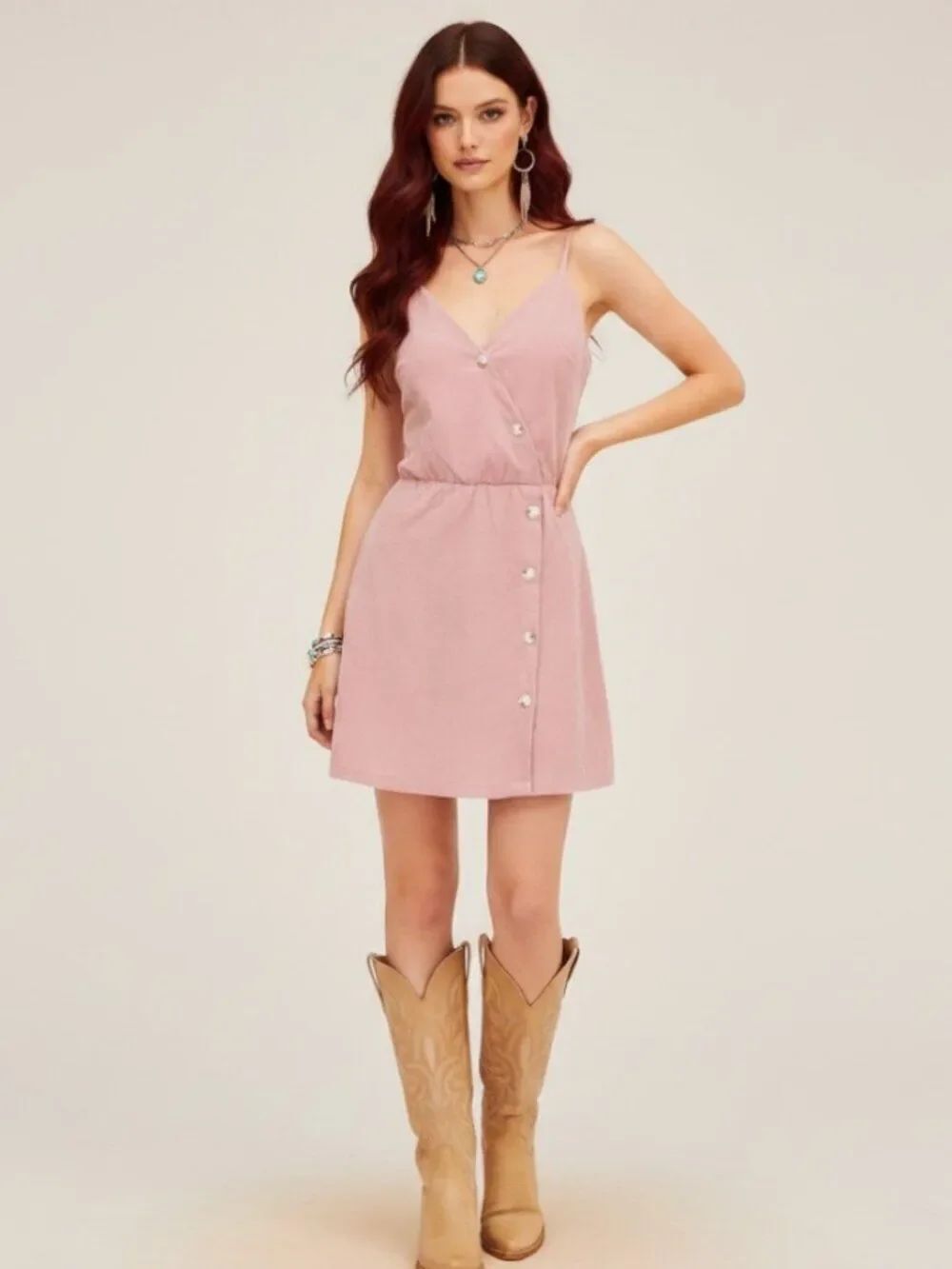 Pink Corduroy Sleeveless V Neck Summer Mini Dress M -NEW